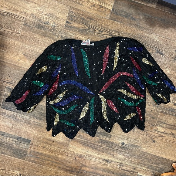 Choose Me Vintage 80s Sequin Top – Black Jewel-Tone Party Blouse - Picture 1 of 9